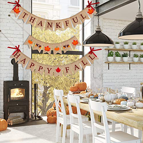 3 Pieces Happy Fall Thankful Burlap Banner Thanksgiving Fall Harvest Autumn Decorations Pumpkin Maple Leaf Acorn Banner for Thanksgiving Hanging Decoration | The Storepaperoomates Retail Market - Fast Affordable Shopping