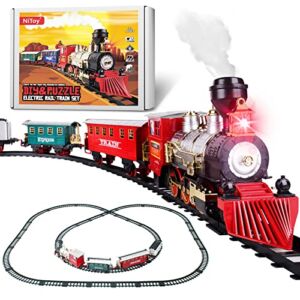 NiToy Vintage Electric Steam Smoke Locomotive Engine Toy Train Set for Kids, Battery Operated Cargo Car & Tracks Christmas Play Toy with Lights Sounds