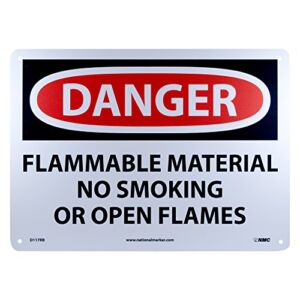 NMC D117RB DANGER – FLAMMABLE MATERIAL NO SMOKING OR OPEN FLAMES Sign – 14 in. x 10 in., Red/Black Text on White, Plastic Danger Sign