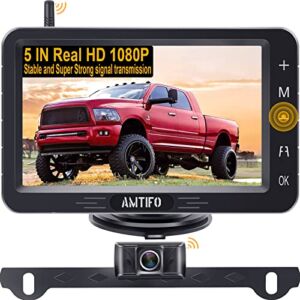 Wireless Backup Camera HD 1080P Bluetooth Rear View 5 Inch Split Screen Touch Key Monitor Car Truck Camper License Plate Cam System 2 Channels Waterproof Clear Night Vision DIY Guide Lines AMTIFO A6