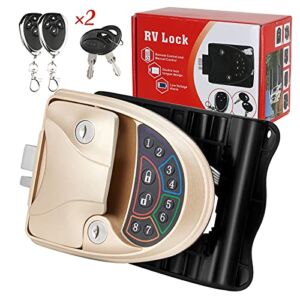 （US Stock）RV Door Lock Keyless Entry with Deadbolt, Zinc Alloy RV Door Latch with Two Wireless Remote Controllers, Handle Latch with Keypad & Fob 20m for RV Caravan Trailer Car Camper, RV Accessories