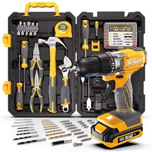 Hi-Spec 81pc Yellow 18V Cordless Power Drill Driver Complete Home & Garage Hand Tool Kit Set for DIY