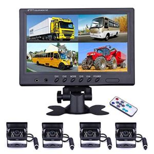 Vehicle Backup Camera Camecho 9 Inch 4 Split Monitor+ 4 Cameras with Front & Rear View Camera 18 IR Night Vision Waterproof Auto Camera with 2×33 ft and 2×65 ft Cables for RV, Trailer, Bus,Trucks
