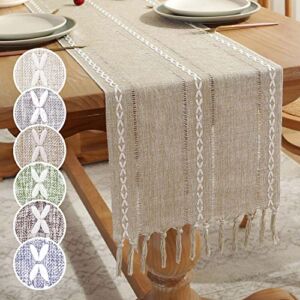 GSG Farmhouse Table Runner Boho Style Linen 120 Inch Long, Handmade Rustic Table Runner with Tassels for Holiday Party Dining Room Kitchen,13“ x 120” Long Dresser Scarf,Khaki