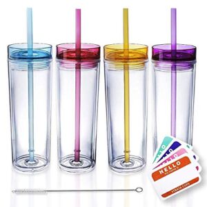 SKINNY TUMBLERS 4 Colored Acrylic Tumblers with Lids and Straws | Skinny, 16oz Double Wall Clear Plastic Tumblers With FREE Straw Cleaner & Name Tags! (Clear, 4)