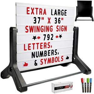 Excello Global Products Swinging Changable Message Sidewalk Sign: 37″ x 36″ Sign with 792 Pre-Cut Double Sided Letters and Storage Box. Includes Black Sign Board & 4 Liquid Chalkboard & Letter Board
