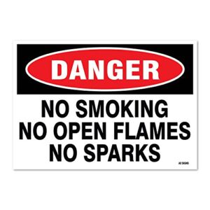 Danger: No Smoking No Open Flames No Sparks, 7″ high x 10″ Wide, Black/Red on White, Self Adhesive Vinyl Sticker, Indoor and Outdoor Use, Rust Free, UV Protected, Waterproof