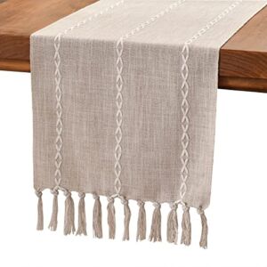 Wracra Rustic Linen Table Runner Farmhouse Style Table Runners 72 inches Long Embroidered Table Runner with Hand-Tassels for Party, Dresser Decor and Dining Room Decorations(Light Coffee, 13″×72″)