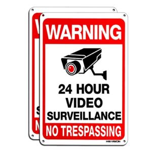 HISVISION Video Surveillance Sign 2-Pack, No Trespassing Metal Reflective Warning Sign, UV Protected & Waterproof, 10″x 7″ 0.40 Aluminum Indoor Or Outdoor for Home House and Business Easy to Install