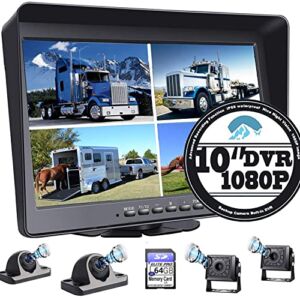 10.1″ 1080P Backup Camera Monitor & Built-in DVR for RV Truck Trailer Rear Side Front Reversing View Wired System FHD Image 4 Split Large Screen 64GB Recorder IP69 Waterproof Avoid Blind Spot Kit