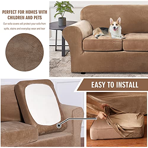 4 Piece Sofa Covers for 3 Cushion Couch Velvet High Stretch Couch Slipcover with 3 Separate Cushion Covers Soft Washable Sofa Furniture Protector for Dogs Pets Kids Living Room (Camel) | The Storepaperoomates Retail Market - Fast Affordable Shopping
