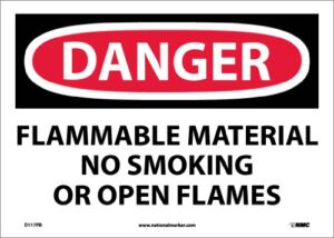 NMC D117PB DANGER – FLAMMABLE MATERIAL NO SMOKING OR OPEN FLAMES Sign – 14 in. x 10 in., Red/Black Text on White, PS Vinyl Danger Sign