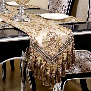 OZXCHIXU Embroidered Table Runners, Modern Jacquard Fabric Damask Table Runners with Handmade Multi-Tassels, Dresser Decoration Table Runners 14×108 Inch Khaki | The Storepaperoomates Retail Market - Fast Affordable Shopping