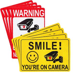 8 Pcs 24 Hour Video Surveillance Sticker Reflective Sticker Decal Self Adhesive Video Surveillance Sign Outdoor Smile Camera Sign for Indoor Outdoor Use (Yellow, Red White,Classic Style)