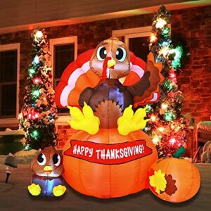 6 ft Thanksgiving Inflatable Turkey on Pumpkin; LED Light Up Blow Up Turkey for Autumn Thanksgiving Decorations and Fall Family Party Favor Supply Décor.