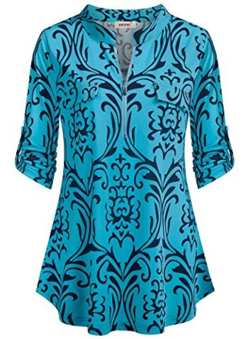 BEPEI Floral Tops for Women,Three Quarter Long Sleeves with Button Bohemian Style Blouses Female Flower Print Fashion Zipper Neckline Tunics Comfy Basic Chiffon Shirt Fall Clothes 2022 Aqua M | The Storepaperoomates Retail Market - Fast Affordable Shopping