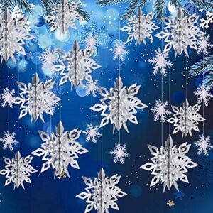 OuMuaMua Winter Christmas Hanging Snowflake Decorations, 12PCS 3D Large Silver Snowflakes & 12PCS White Paper Snowflakes Hanging Garland for Christmas Winter Wonderland Holiday New Year Party Home