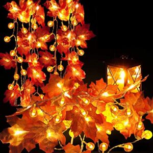 2 Pack Fall Pumpkin Garland Lights Thanksgiving Decorations for Home 60 LED 20 Ft Enlarged Maple Leaves String Light Pumpkins Lights Waterproof Battery Operated Thanksgiving Fall Autumn Indoor Outd