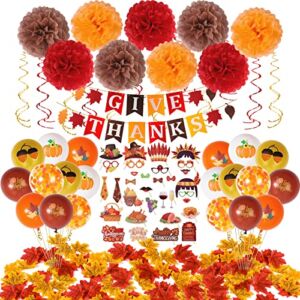 Golray Thanksgiving Party Decoration with 30 Photo Props, 12 Hanging Swirls, Felt Give Thanks Banner, 21 Pumpkin Fall Balloon, 9 Paper Flower, 100 Autumn Maple Leaves, Thanks Giving Party Decor Supply