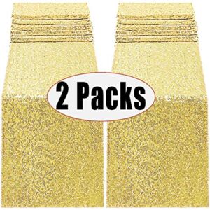 FECEDY 2packs 12 x 108inch Glitter Gold Sequin Table Runner for Birthday Wedding Engagement Bridal Shower Baby Shower Bachelorette Holiday Celebration Party Decorations