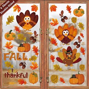 Ivenf Thanksgiving Decorations Window Clings Decor, Extra Large Autumn Fall Leaves Turkey Pumpkin Decor Indoor for Kids School Home Office Classroom Harvest Party Gifts, Double-Side Printed, 6 Sheets