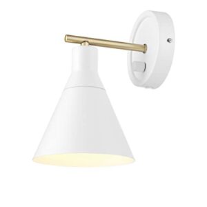Globe Electric 65542 1-Light Dimmable Plug-in or Hardwire Wall Sconce, Matte White, Brass Accent, Stepless Dimming Rotary Switch on Canopy, White Fabric Cord, Wall Lamp Dimmable, Wall Lighting