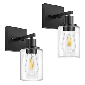 Wall Sconces Set of 2, Matte Black Vanity Lights for Bathroom, Modern Wall Light Fixtures, Metal Sconces Wall Lighting with Clear Glass Shade, Farmhouse Wall Lamp for Bedroom Mirror Living Room