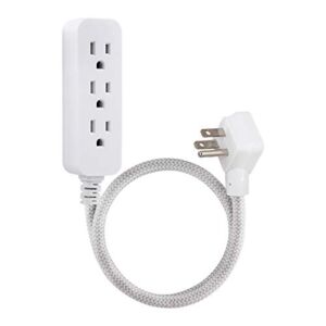 Cordinate Designer Mini 3-Outlet Power Strip, 17 Inch Braided Extension Cord, Grounded Adapter, Low-Profile Flat Plug, UL Listed, White/Gray, 47297