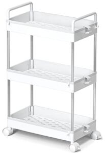 Ronlap 3 Tier Classic Storage Rolling Cart, Slim Storage Cart with Wheels Slide Out Storage Rolling Cart Organizer Plastic Utility Carts for Bathroom Laundry Room Kitchen Office Narrow Place, White