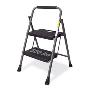 2 Step Ladder, GOLYTON 2 Lightweight Folding Step Stool with Wide Anti-Slip Pedal and Comfort Handgrip, Lightweight 500lbs Portable Steel Ladder Multi-Use Household and Office, Grey
