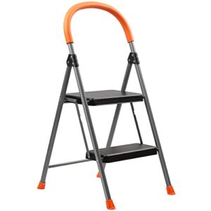 2-Step Ladder, Folding Metal Step Stool for Adults, Portable Steel Step Ladder, Wide Anti-Slip Pedal, Lightweight and Sturdy