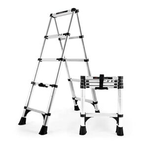 OMOONS Telesladders, Telesladder Ladder Stool Loft Ladder Foldable Telesherringbone Ladders Heavy Duty Multi Purpose Professional Extension Ladder for Outdoor Indoor Roof Work/7Ft/2.0M