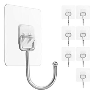 FACURY Large Adhesive Hooks 22Ib(Max), Waterproof and Rustproof Wall Hooks for Hanging Heavy Duty, Stainless Steel Towel and Coats Hooks to use Inside Kitchen, Bathroom, Home and Office, 8Pack