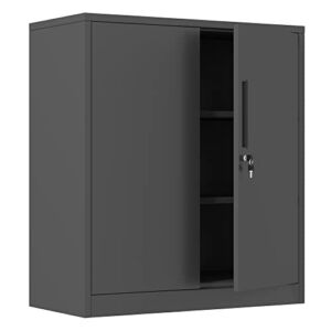 Metal Storage Cabinet with Locking Doors and 2 Adjustable Shelves, Small Lockable Steel Storage Cabinet for Garage Home Office (Black)