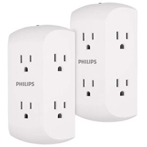 Philips Accessories Philips 6 Plug Extender Strip, Extra Wide Spaced Cell Phone, Power Adapter, 3 Prong, Multi Outlet Wall Charger, 2 Pack, White