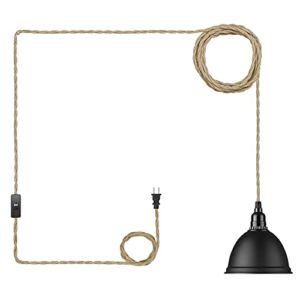 Emliviar Plug in Pendant Light – Industrial Hanging Lamp Light with Switch, Metal Shade with Twisted Hemp Rope, Black Finish, YCE240-M1L BK