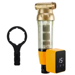 iSpring WSP50ARB Spin Down Sediment Water Filter, Reusable with Touch-Screen Auto Flushing Module and Built-in Housing Scraper, Brass Top Clear Housing, 50 Micron