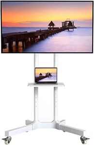 Mobile TV Cart with Wheels for 32-83 Inch LCD LED 4K Flat Curved Screen TVs- Height Adjustable Rolling TV Stand Hold Up to 132 lbs- Trolley Floor Stand with Tray Max VESA 600x400mm White PSTVMC01W