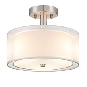 3-Light Semi Flush Mount Ceiling Light Fixture, Drum Light with Double Fabric Shade, Modern Close to Ceiling Lamps for Living Room, Bedroom, Dining Room, Kitchen, Hallway, Entry, Foyer