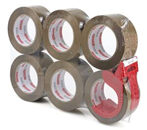 Heavy Duty Brown Packing Tape 6 Rolls with Dispenser, 2.4 mil, 1.88 inch x 110 Yards, Ultra Strong, Refill for Industrial Shipping Box Packaging Tape for Moving, Office, & Storage