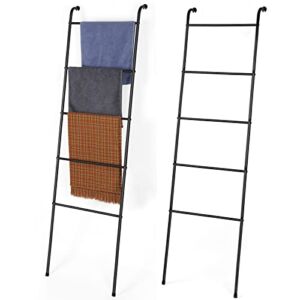 Blanket Ladder Bathroom Towel Holder Decorative Towel Rack 5 Tier Blanket Holder for Living Room Bathroom Laundry Room Black, 2 Pack