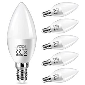 E12 LED Candelabra Light Bulbs – 40 Watt Equivalent, 6500K Cool White Chandelier Light Bulbs Non-dimmable, ORALUCE Type B Light Bulb for Ceiling Fan, 5W 450LM 6 Pack