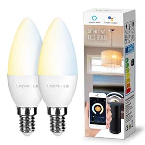 LE Smart Light Bulbs, E12 Candelabra LED Bulbs, Works with Alexa & Google Assistant, Tunable White 2700K-6500K, Dimmable with App, 40 Watt Equivalent, No Hub Required, 2.4G WiFi Only, Pack of 2