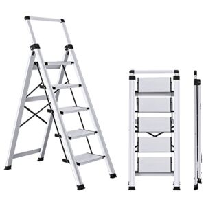 XinSunho 5 Step Ladder, Retractable Handgrip Folding Step Stool with Anti-Slip Wide Pedal, Aluminum Stool Ladders 5 Steps, 330lbs Safety Household Ladder