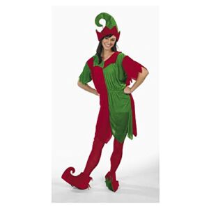 Complete Adult Female Elf Costume – 4 Piece Set Includes Dress, Hat and Show Covers – Christmas Womens Costumes Green, Red