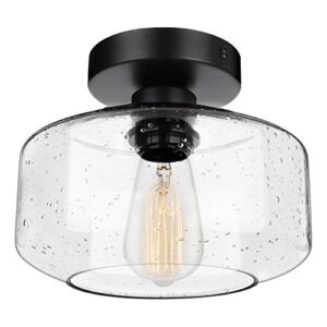 Industrial Semi-Flush Mount Ceiling Light, Seeded Glass Pendant Lamp Shade, Black Farmhouse Lighting for Hallway Porch Corridor Kitchen Bedroom, Modern Indoor Hanging Light Fixtures, Bulb Not Included