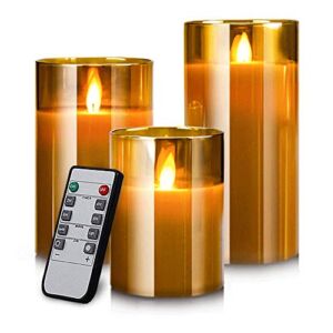 Led Flameless Candles, Battery Operated Flickering Candles Pillar Real Wax Moving Flame Electric Candle Sets Gold Glass with Remote Timer for Home Fireplace Xmas Decor, 4 in,5 in,6 in,3 Pack