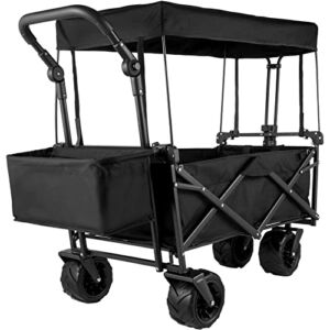 Happbuy Extra Large Collapsible Garden Cart with Removable Canopy, Folding Wagon Utility Carts with Wheels and Rear Storage, Wagon Cart for Garden, Camping, Grocery Cart, Shopping Cart, Black