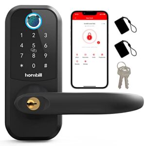 Fingerprint Door Lock, hornbill Smart Lock, Keyless Entry 5-in-1 Door Lock, Bluetooth Keypad Lock with Reversible Handle, Smart Lever Unlock by Fingerprint/Keypad/Code/Key/APP/IC Card for Home Hotel