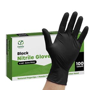 [100 Count] Black Nitrile Disposable Gloves 6 Mil. Extra Strength Latex & Powder Free, Chemical Resistance, Textured Fingertips Gloves – Medium